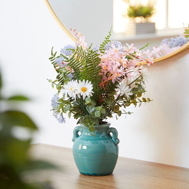 Faux Flower & Fern in Ceramic Teal Vase 36cm