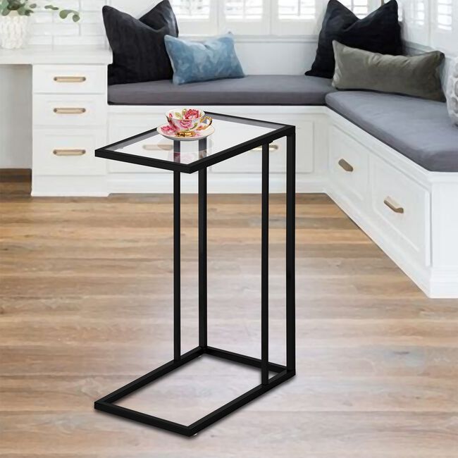 Black C-Shaped Side Table With Clear Glass Top