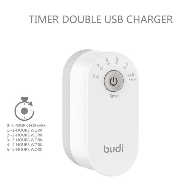 Budi White 2 USB Timer Mains Charger