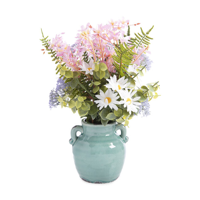 Faux Flower & Fern in Ceramic Teal Vase 36cm